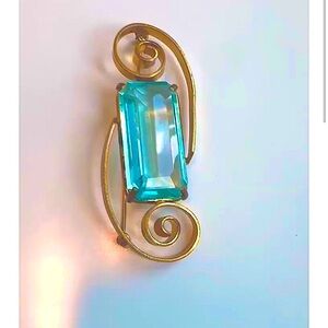 3”x2” Brooch With Blue Emerald Cut Vintage Midcentury Modern faux Aquamarine